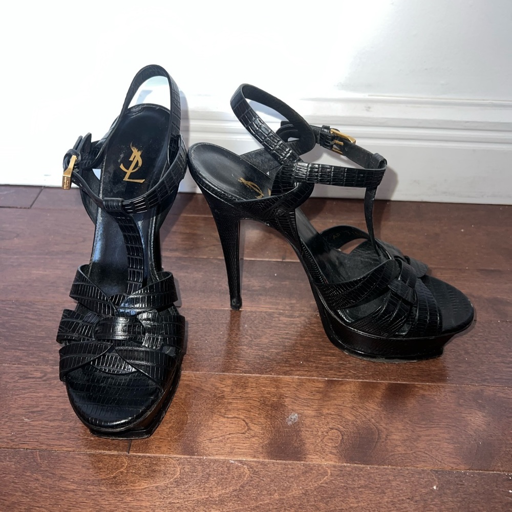 Saint Laurent Tribute Platform Heels, black crocodile, 38.5